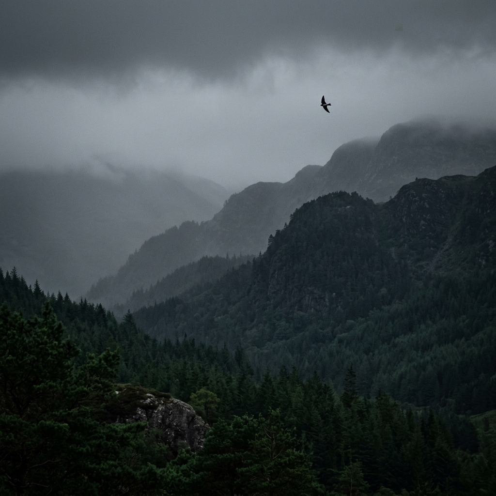 Misty pine forest landscape — chasing light